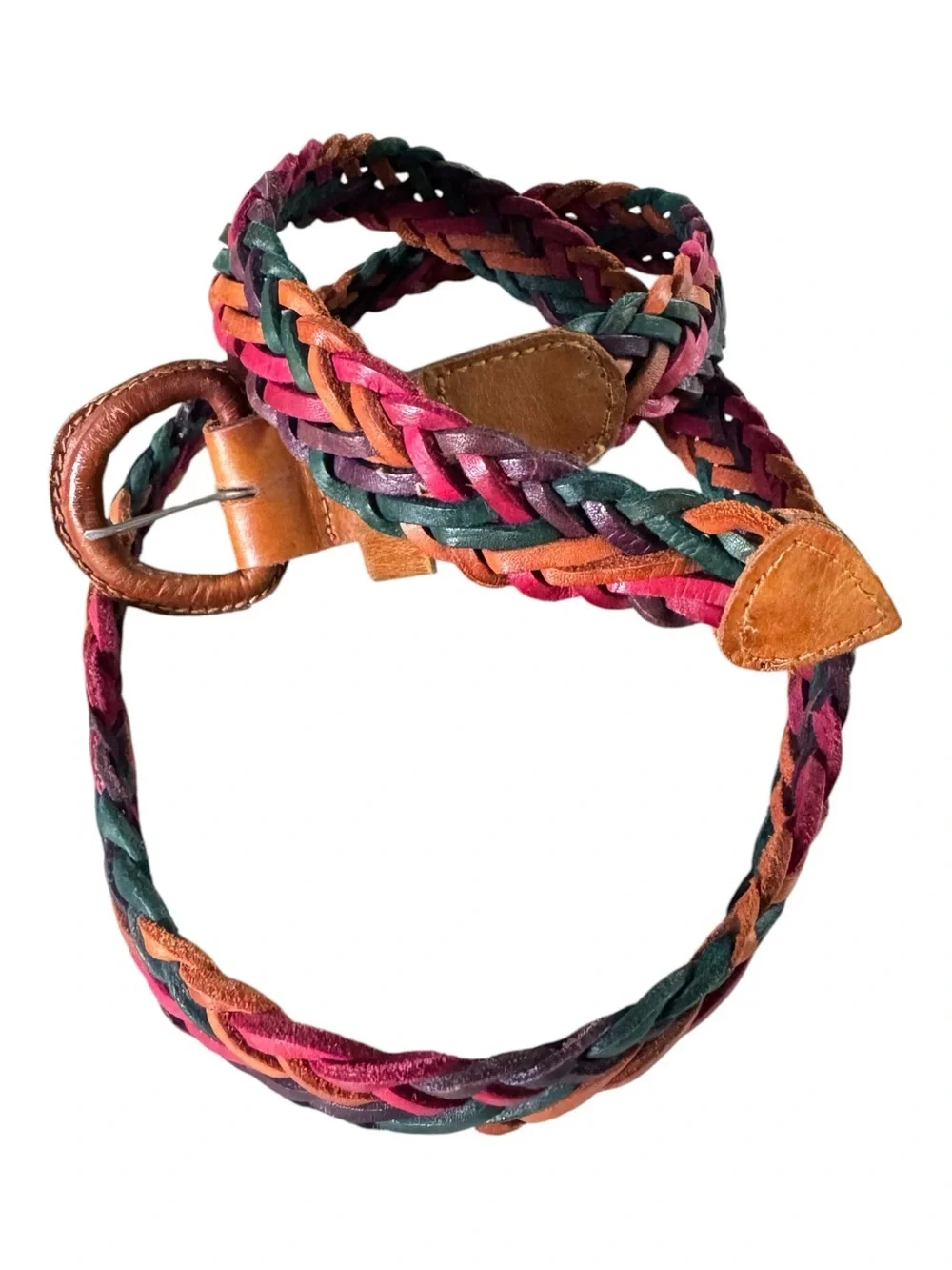 Handmade Guatemala Genuine Leather Braided Multicolor Belt Boho Western 43”